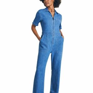 Faherty Blue Denim Zip Front Short Sleeve Jumpsuit Organic Cotton Womens Size 00